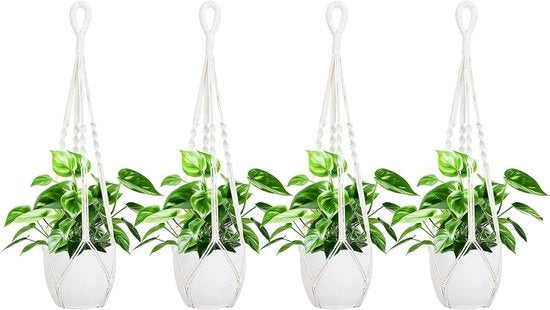 Vaso Macrame a Fiore - Appeso - 4 pezzi - Beige - Filo di Cotone - 85 cm