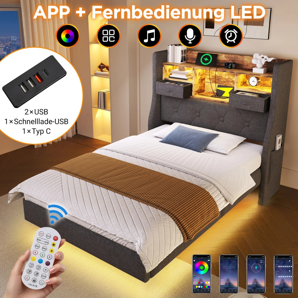 Letto singolo 90x200 cm imbottito in lino grigio con LED; testiera contenitore e porte USB