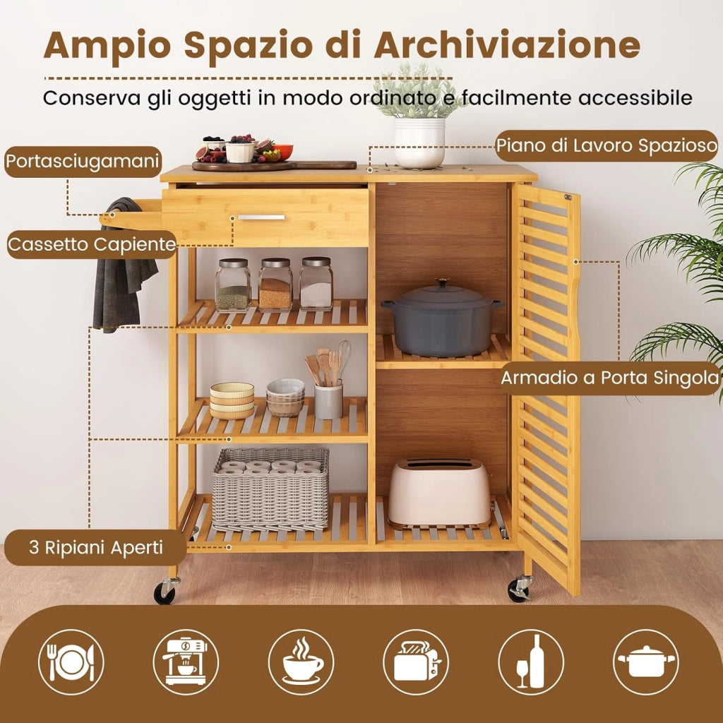 Carrello da Cucina in Bambù, Mobile Cucina con Ruote Cassetto, 3 Ripiani Aperti, Armadietto, Portasalviette, Carrello da Portata per Sala da Pranzo, 91 x 44 x 89 cm