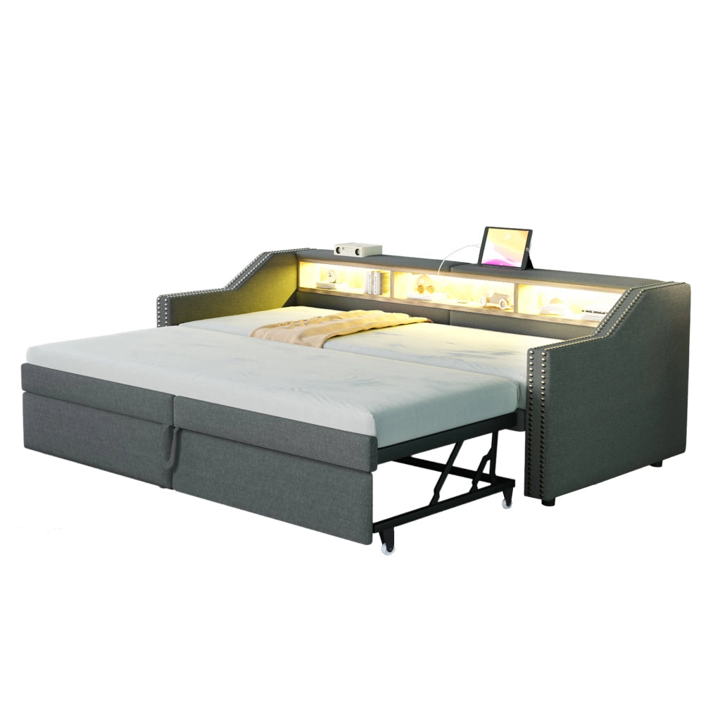 Divano letto 90/180 x 200 cm grigio scuro in lino con contenitore e USB