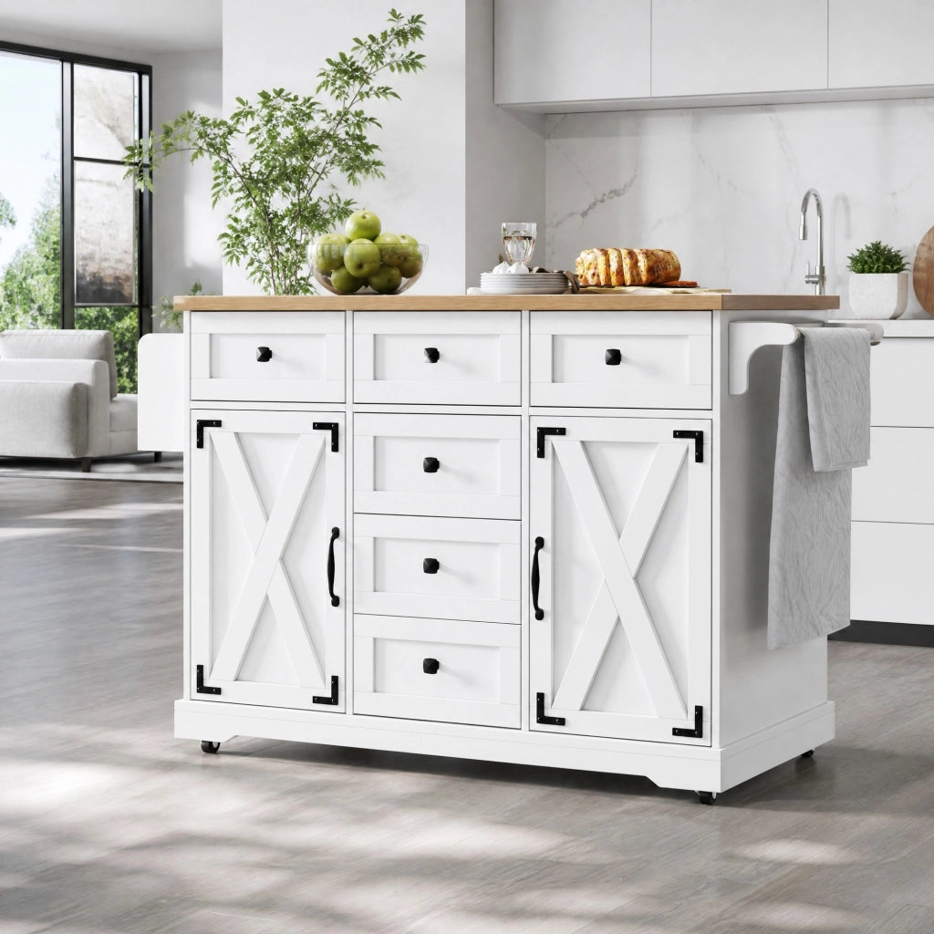 Isola da cucina pieghevole in MDF e metallo bianca
