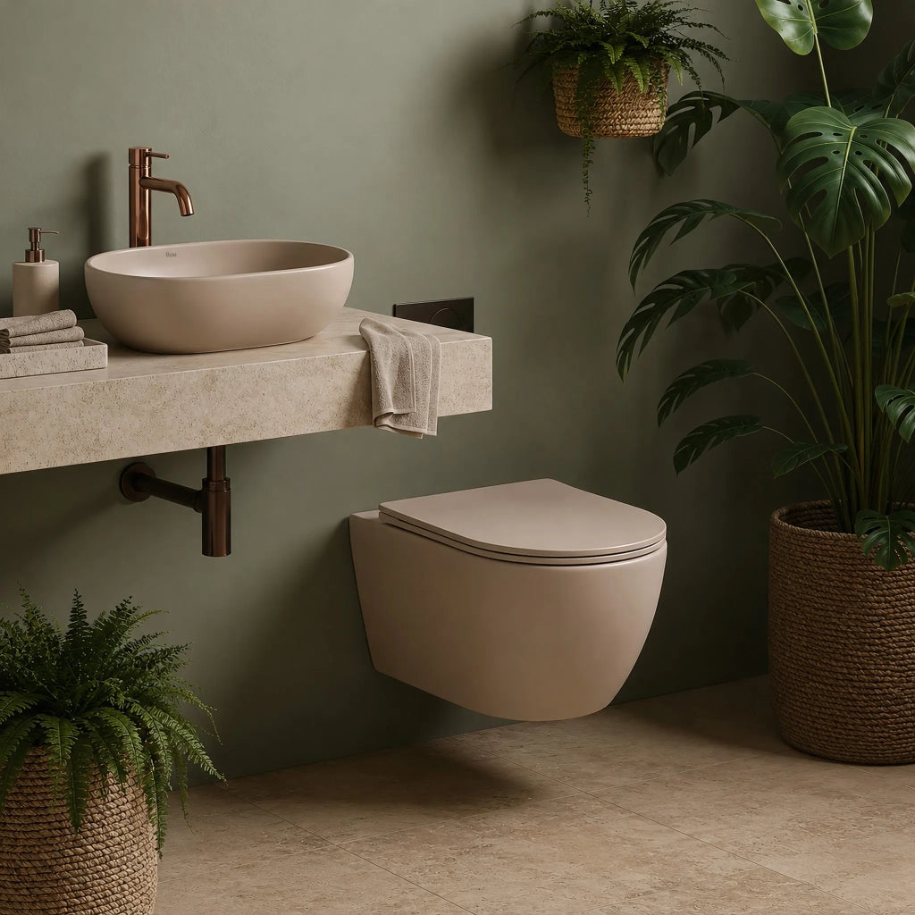 Set Wc Sospeso Focus + Lavabo Da Appoggio Rea Focus Taupe