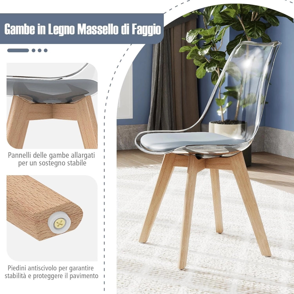 Set di 4 Sedie da Cucina Trasparenti, Sedie per Sala da Pranzo Moderne con Gambe in Legno e Seduta Imbottita, Sgabello senza Braccioli per Soggiorno e Camera da Letto, Portata 150 kg (Grigio)