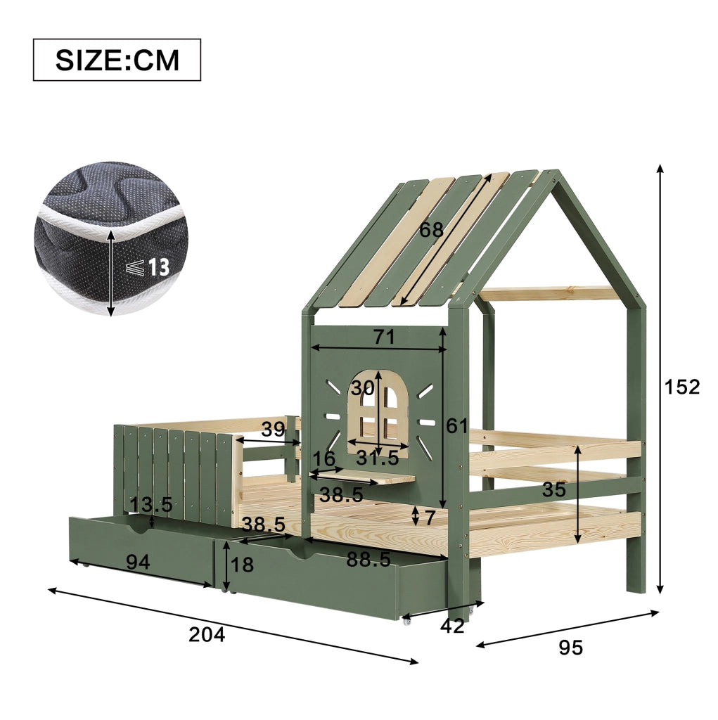 Letto a casetta per bambini verde naturale 90x200 cm con 2 cassetti