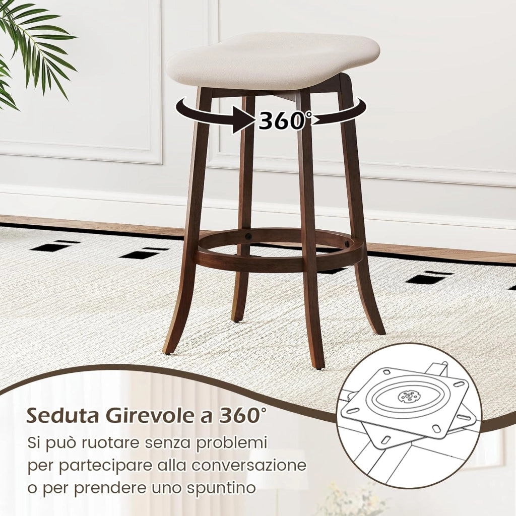 Set di 2 Sgabelli da Bar Girevoli, Sgabelli da Bar senza Schienale di 74 cm con Sedili Imbottiti e Gambe in Legno Massello, Sedie per Isola Cucina con Poggiapiedi per Sala da Pranzo