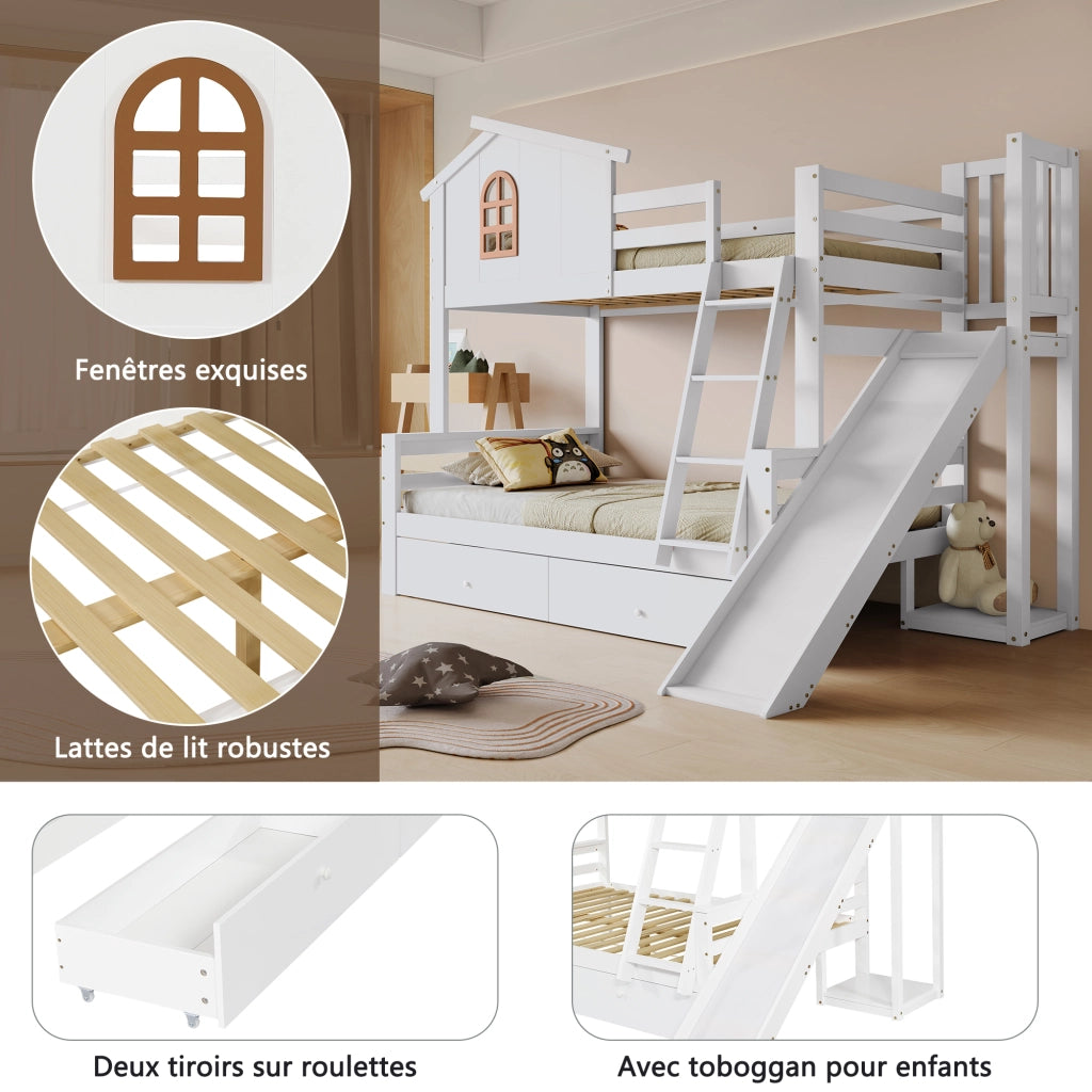 OKWISH Letto a Castello 90×200 cm e 120×200 cm, Letto 3 Posti con Scivolo, 2 Cassetti, Scala Inclinata e Finestra, senza Materasso