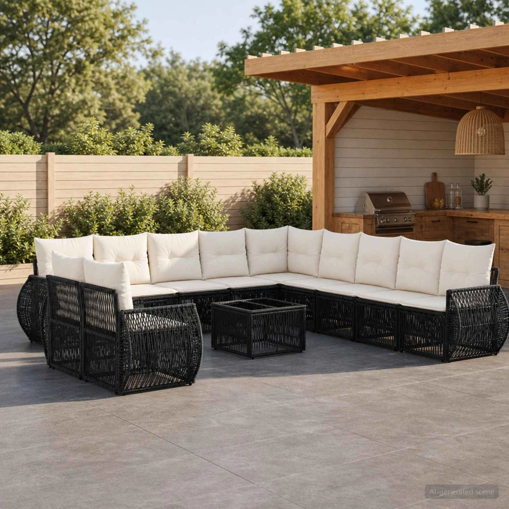 Set Divano da Giardino 12 pz Nero e Bianco Crema polyrattan 3435472