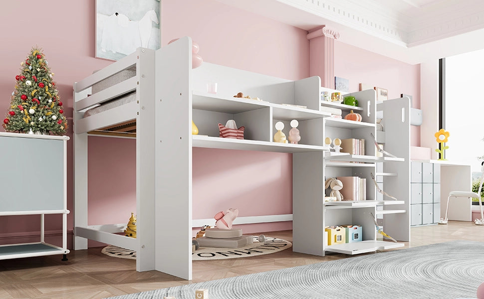 DESMIU Letto a soppalco 1 posto con 3 vani chiusi, scaffali e scala, 90 × 200 cm, senza materasso, bianco