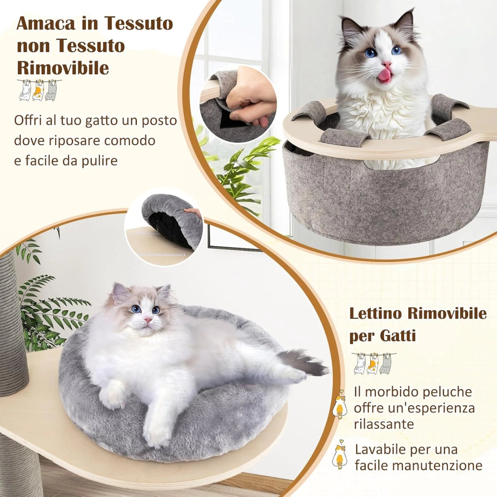 Albero per Gatti da Pavimento a Soffitto con Altezza Regolabile 236-271 cm, Tiragraffi per Gattini in Legno a 5 Livelli con Ripiano, Letto Peluche, Amaca e Pali Tiragraffi, Mobile per Gatti da Interno