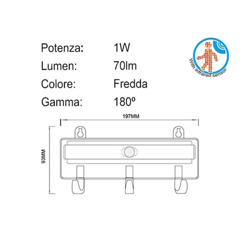 Appendiabiti con Lampada di Sensore a Movimento Luce LED da Armadio Bianco Freddo 6500K 70lm 1W