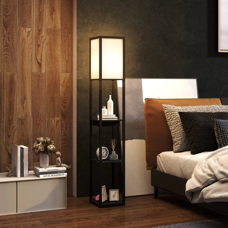 Lampada da terra con ripiani, prese USB-A/USB-C e presa standard, paralume in tessuto, nero, 26x26x159 cm