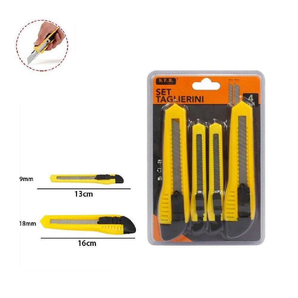 Trade Shop - Set 4pz Taglierini Taglierino Cutter Con Fermo Blocco Guida Lame Da 9-18mm 71079 -
