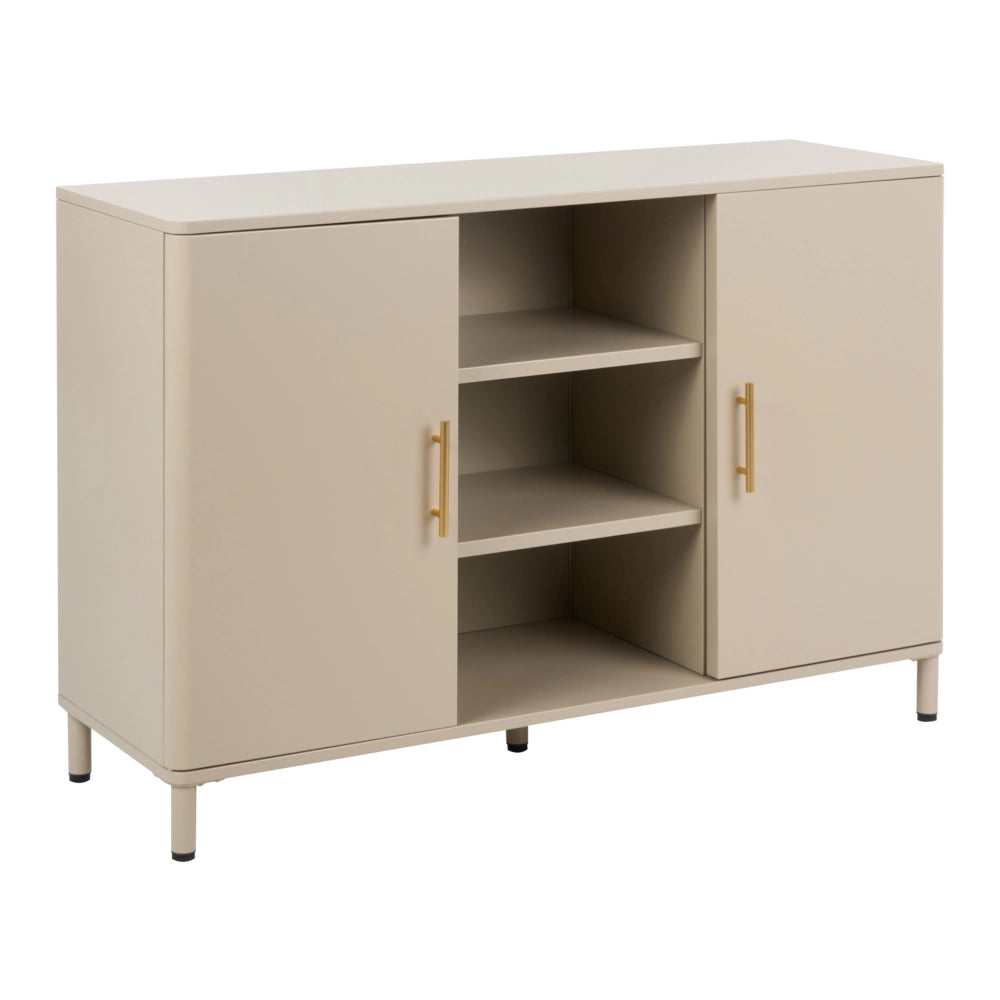 Credenza in acciaio color beige a 2 ante con ripiani aperti, angoli arrotondati e maniglie dorate