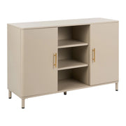 Credenza in acciaio color beige a 2 ante con ripiani aperti, angoli arrotondati e maniglie dorate