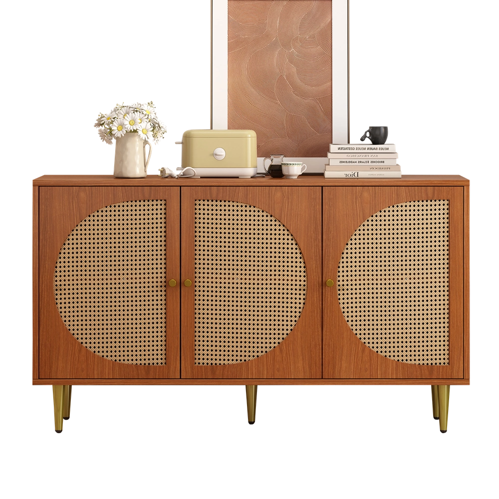 Credenza 3 Ante con Rattan e Maniglie in Metallo ¨C MINIMAL ¨C Noce 129.8x40x76