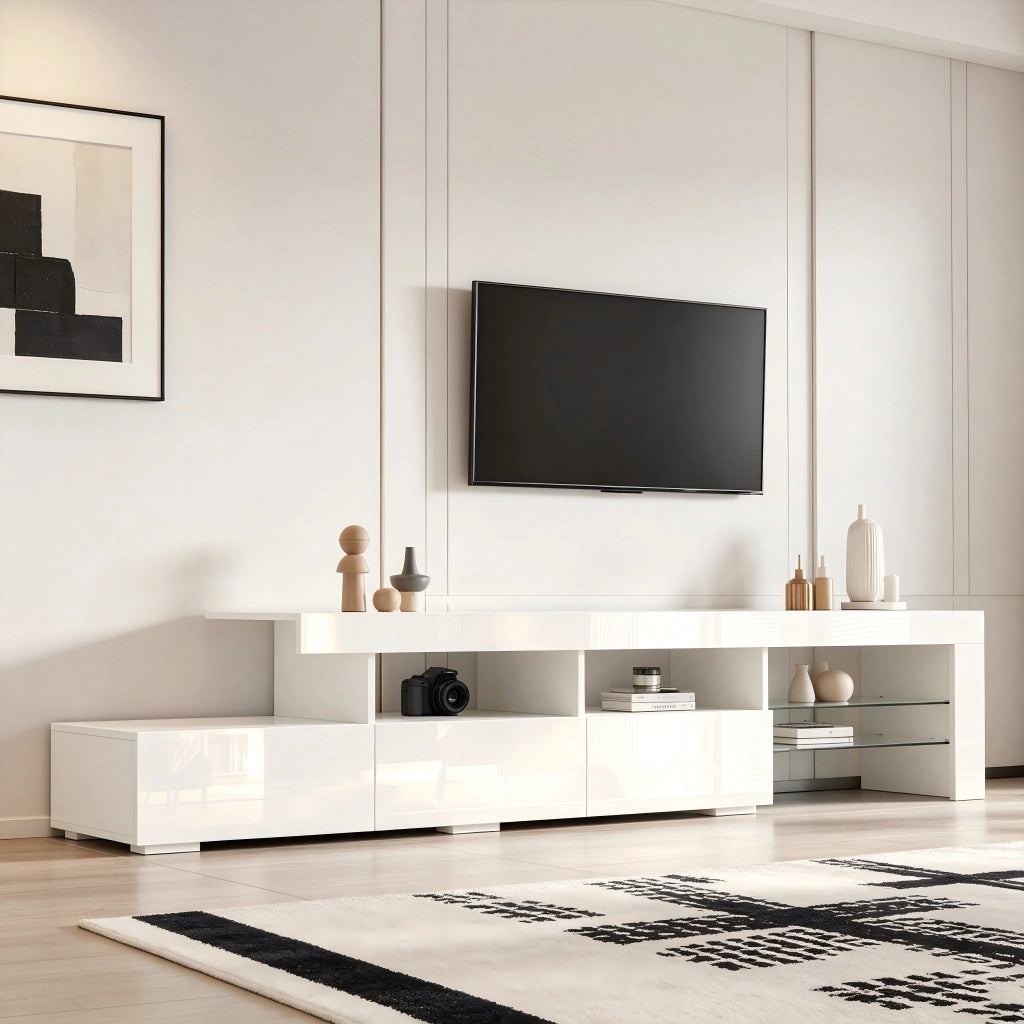 Mobile TV con 3 cassetti; 7 vani e LED - per soggiorno - 180 x 35 x 45 cm - bianco