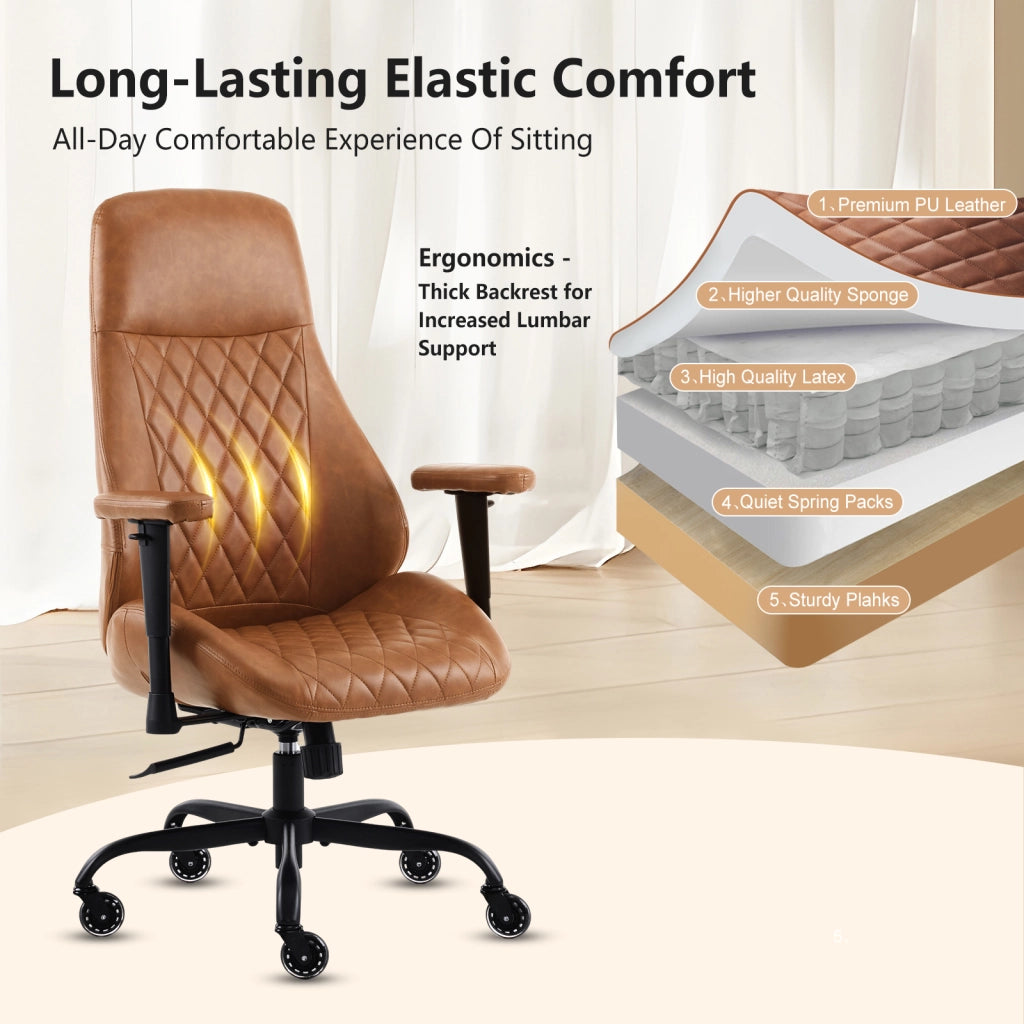 Sedia da ufficio ergonomica con altezza regolabile e braccioli regolabili in pelle marrone girevole 56 × 32 × 77 cm