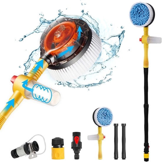 Set di spazzole per auto con connessione a tubo, spazzola per auto 360° con dispenser di sapone, spazzola morbida per auto con aspiratore, spazzola per auto con lungo manico (giallo)
