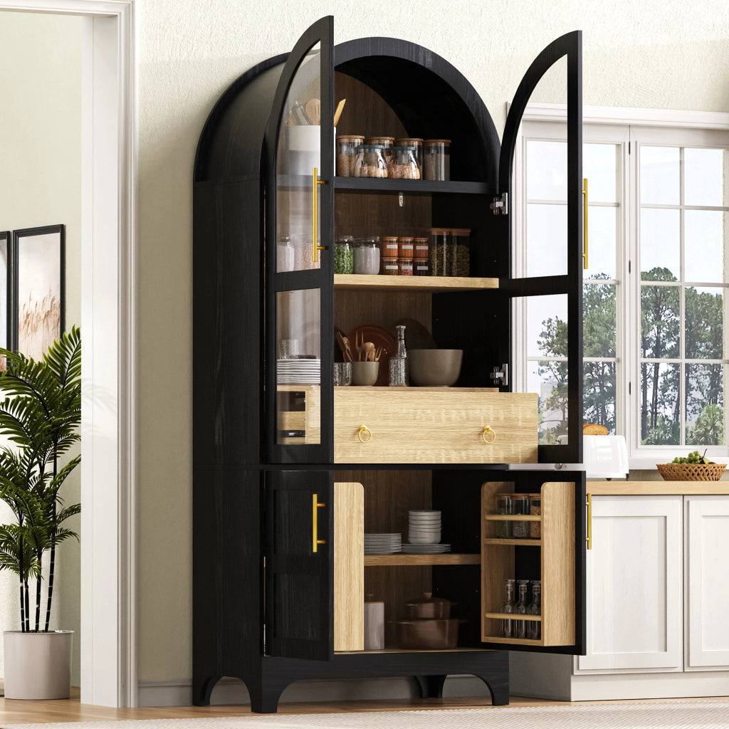 Credenza Alta Nera 180 cm con Ante in Vetro Cannelé; Ripiani Regolabili e Cassetto Portaoggetti per Cucina