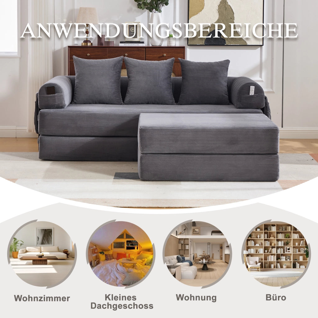 DIVANO MODULARE 200x190x67 cm in corduroy grigio scuro con pouf e 3 cuscini