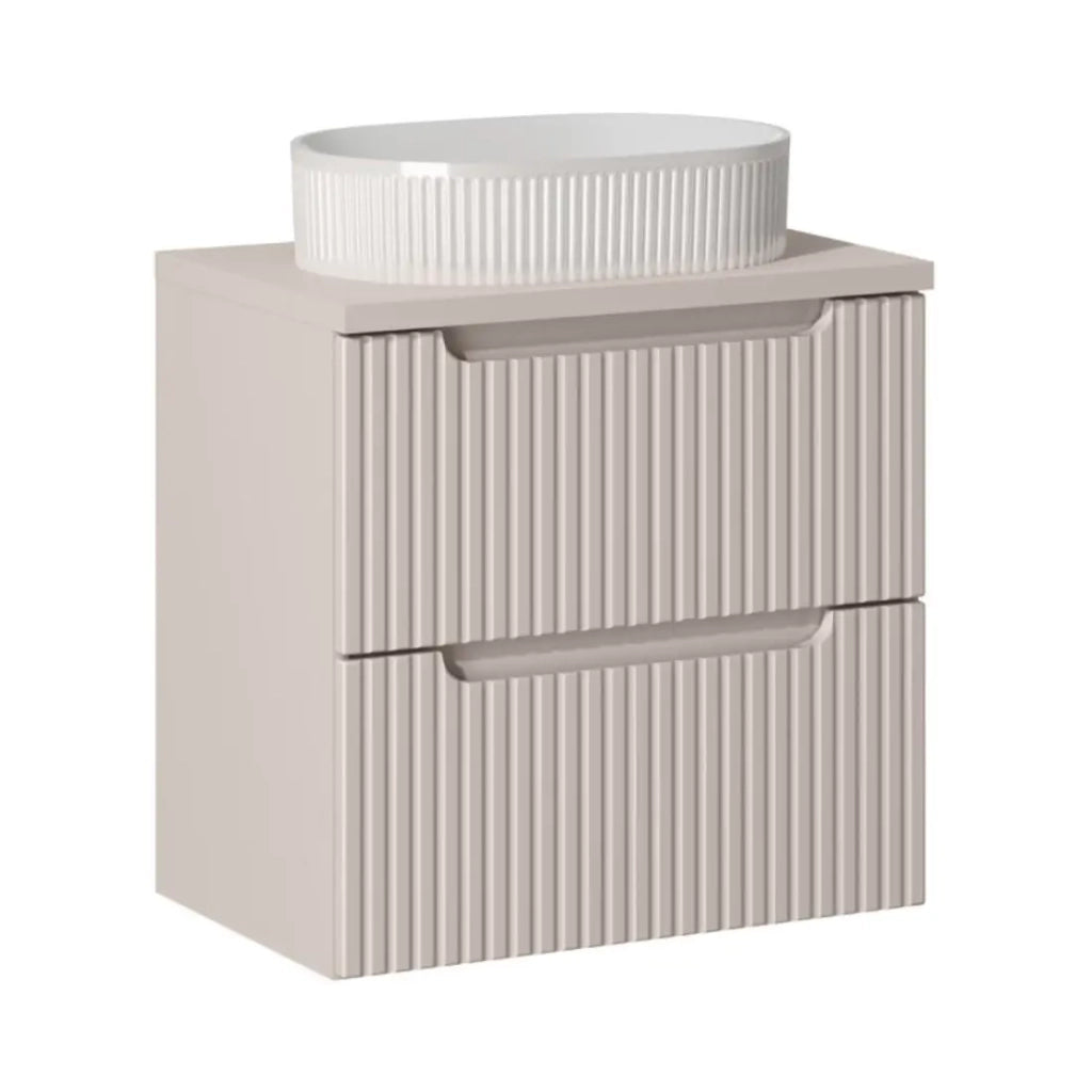 Ensemble VANO cachemire 60cm : mobile sottolavabo con cassetti + piano per lavabo + lavabo da appoggio scanalato biancoCE