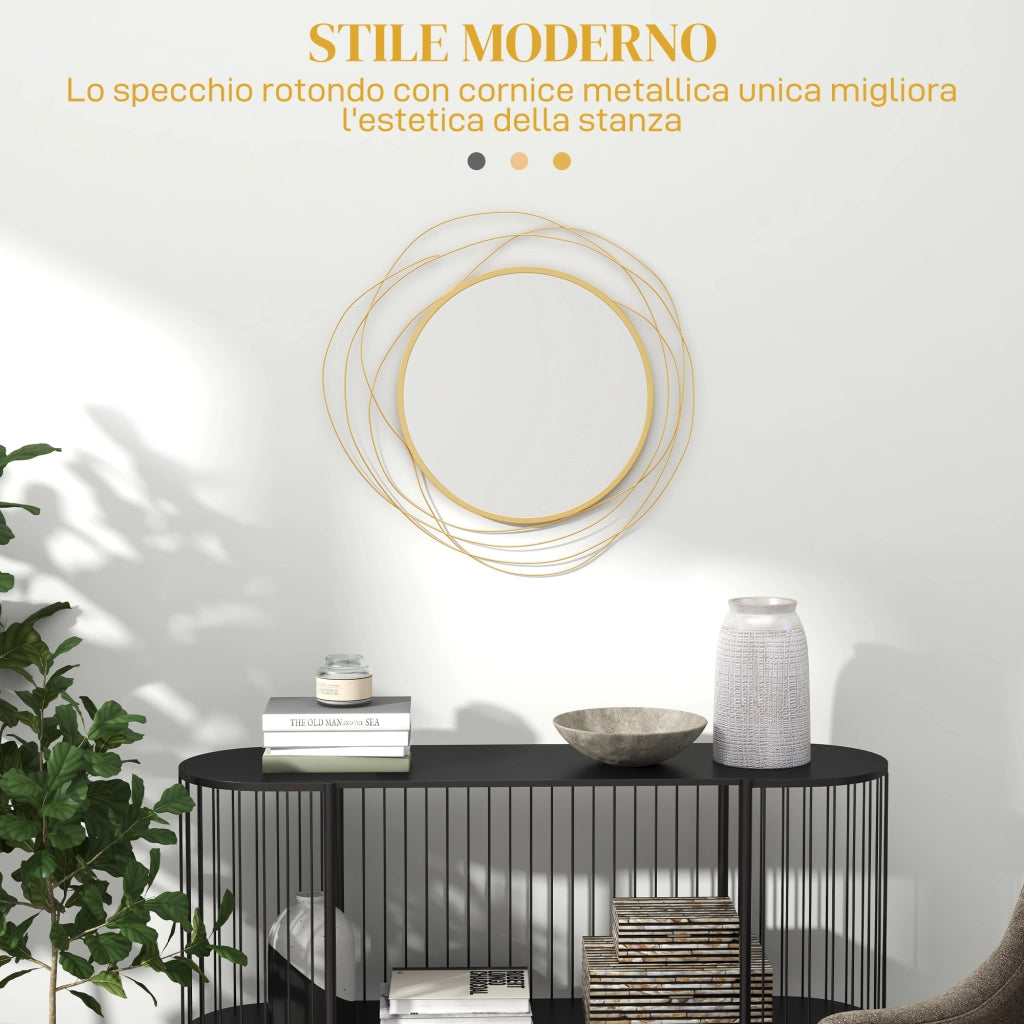 Specchio Moderno e Rotondo Decorativo a Muro con Ganci, in Vetro e Metallo, ?65x1 cm, Oro