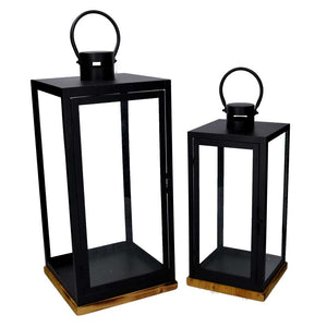 Lanterna metallo 1-2 nero base legno quadro cm24x24h55