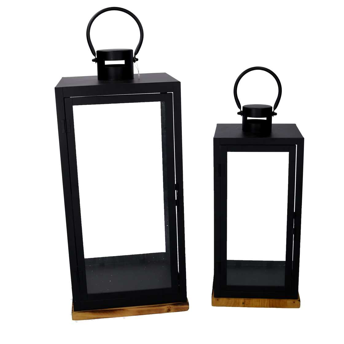 Lanterna metallo 1-2 nero base legno quadro cm24x24h55