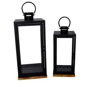 Lanterna metallo 1-2 nero base legno quadro cm24x24h55