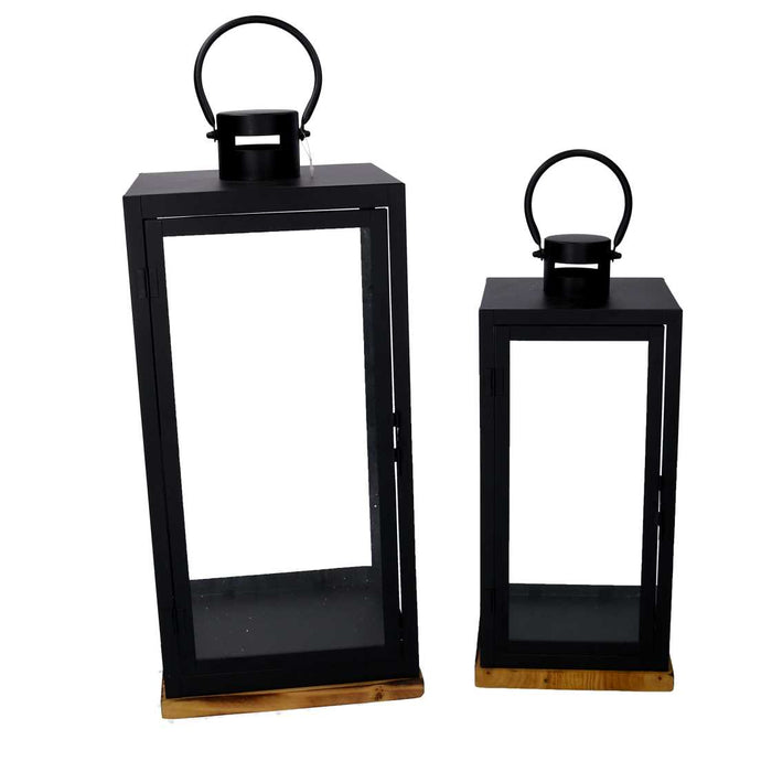 Lanterna metallo 1-2 nero base legno quadro cm24x24h55