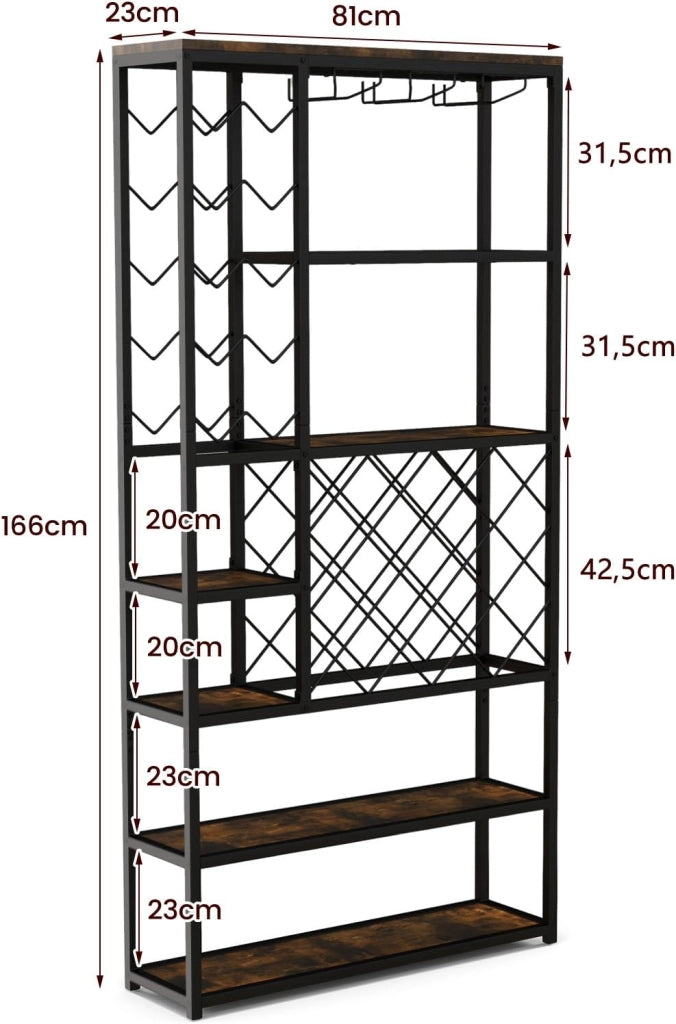 Scaffale da Cucina con 27 Bottiglie, Scaffale per Vino con 7 Livelli di Ripiani e 3 File di Portabicchieri, Scaffalatura in Legno, Mobile Porta Microonde per Sala da Pranzo, 81 x 23 x 166 cm