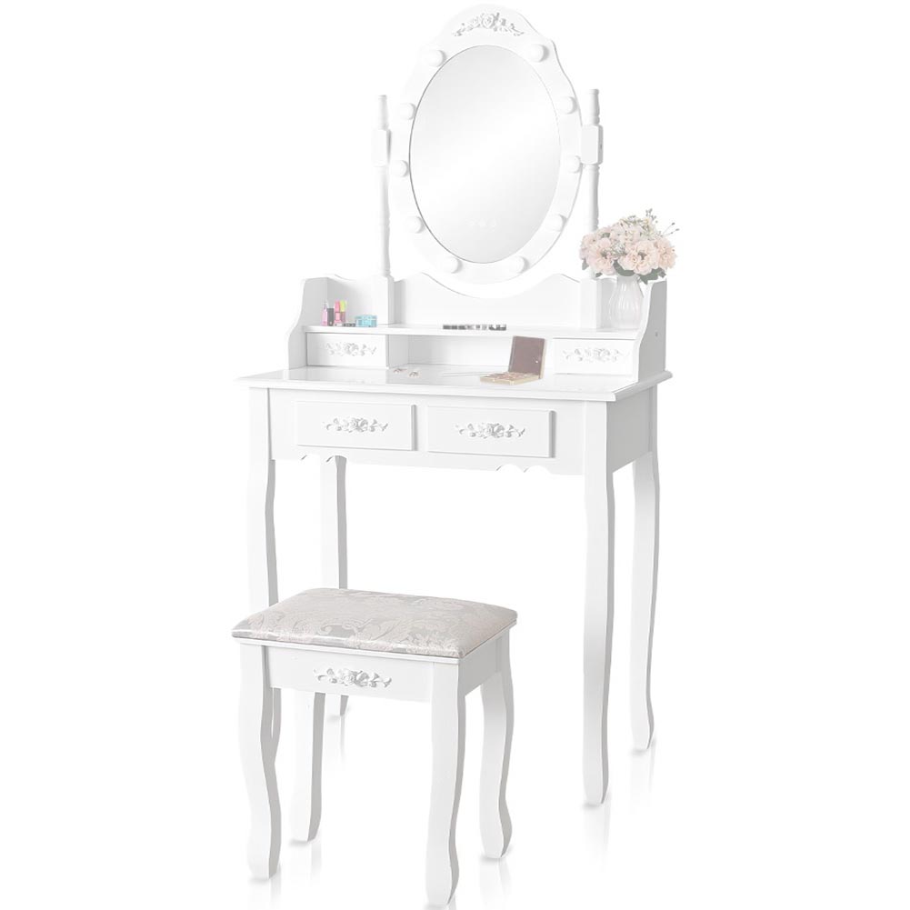 Toeletta Trucco Elena con Specchio e Sgabello Luci Led Freddo Caldo Specchiera