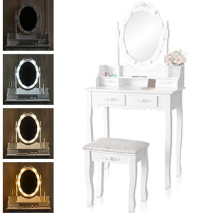 Toeletta Trucco Elena con Specchio e Sgabello Luci Led Freddo Caldo Specchiera