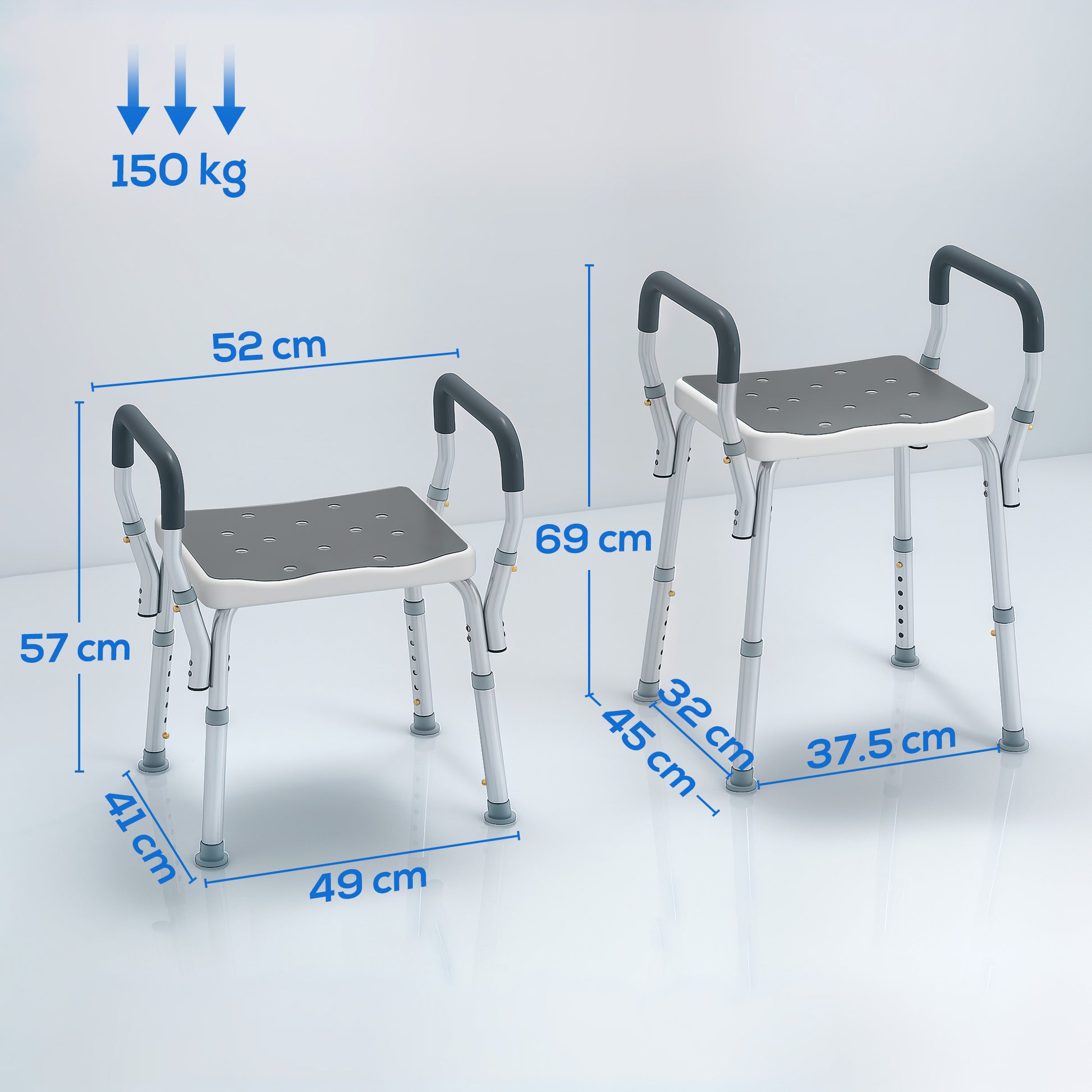 Sgabello per Doccia Regolabile 52x45x57-69 cm con Braccioli e Fori di Drenaggio in Alluminio Grigio