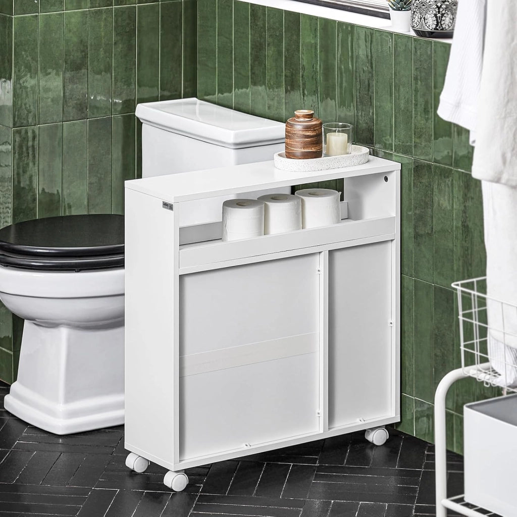 Armadio da Bagno Stretto con Ruote – Mobile Bagno salvaspazio – Contenitore per Carta Igienica in Legno, con Ripiani Regolabili, Bianco, 20x70x65cm, BZR119-W