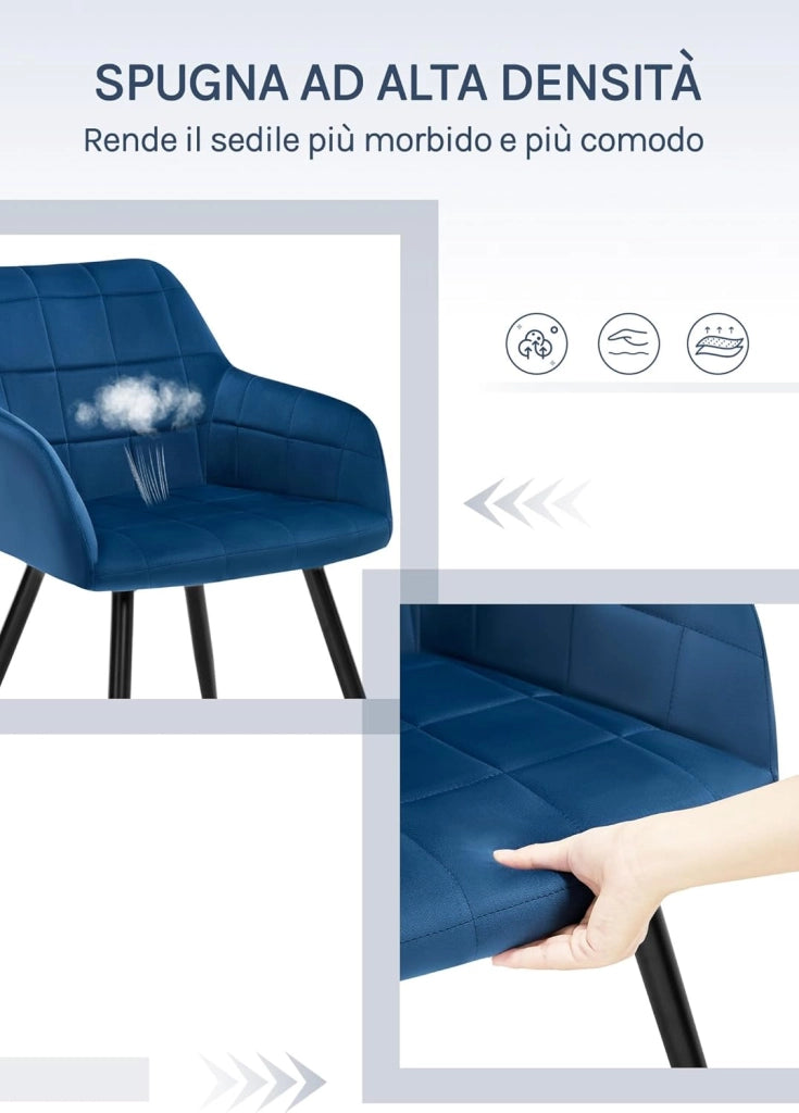 Sedia per Sala da Pranzo Imbottita, Poltroncina in Velluto,Sedia da Cucina con Braccioli e Schienale, Gambe in Metallo, moderne,Blu, BH93bl-1