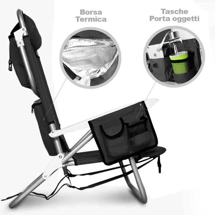 Spiaggina Pieghevole Alluminio con Borsa Termica Reclinabile e Spallacci Nero