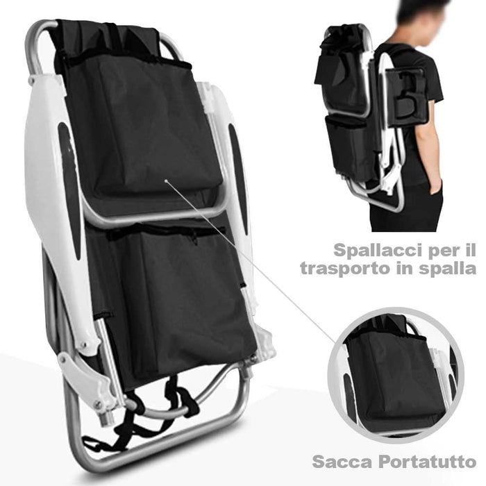 Spiaggina Pieghevole Alluminio con Borsa Termica Reclinabile e Spallacci Nero