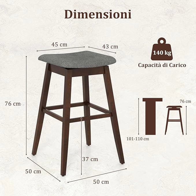 Set di 2 Sgabelli da Bar Girevoli, Sedie Ergonomiche in Tessuto di Lino con Seduta Imbottita, Poggiapiedi e Gambe in Legno di Gomma, Portata 140 kg, per Isola Cucina, Soggiorno e Pub