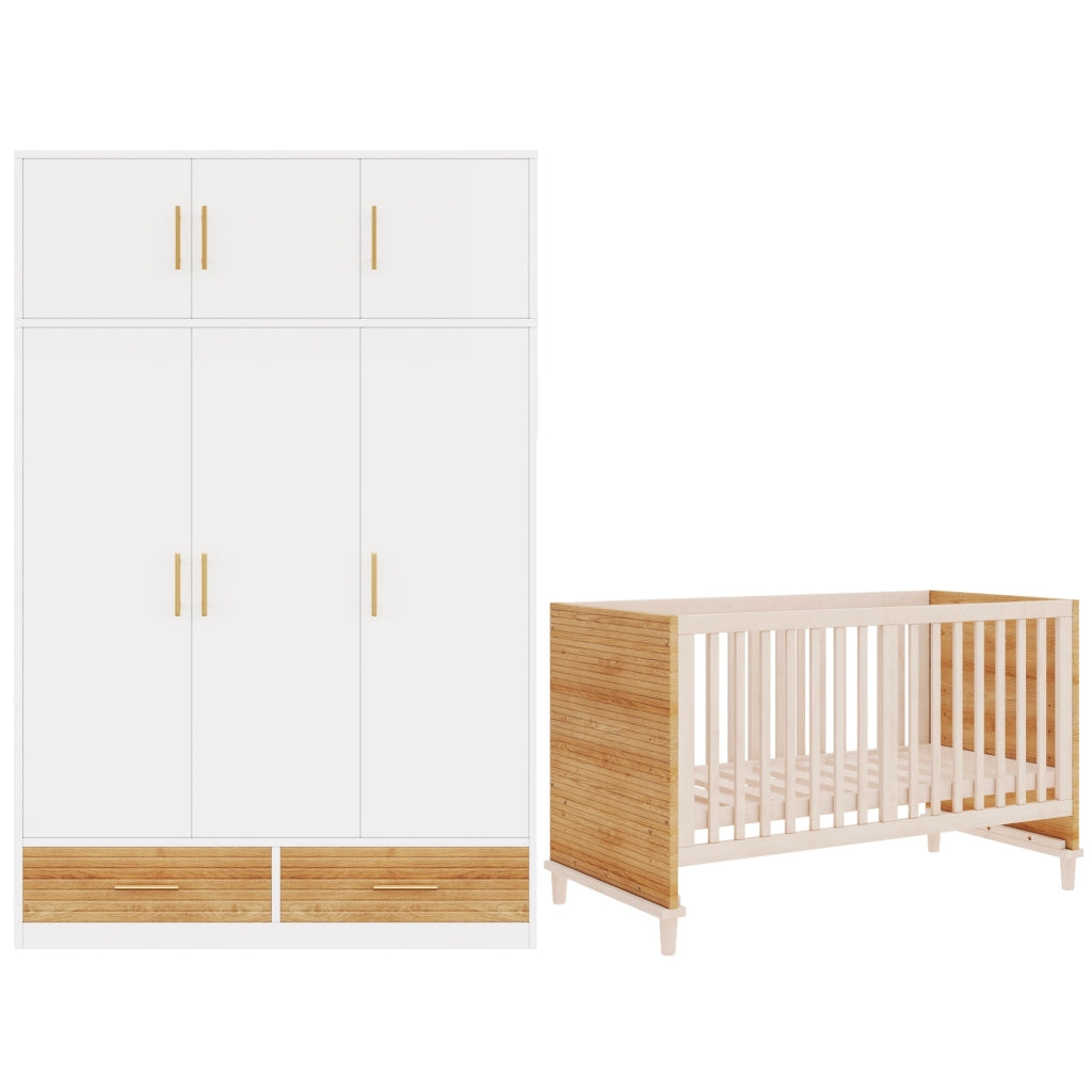 Set cameretta bebè con armadio 3 ante e lettino a sbarre, naturale, 120x50x180 cm + 70x140x87 cm