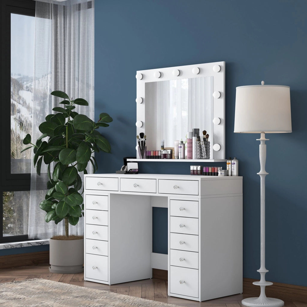 Comodino "Sirma" con specchio in legno - 120 x 44 x 82 cm - Bianco