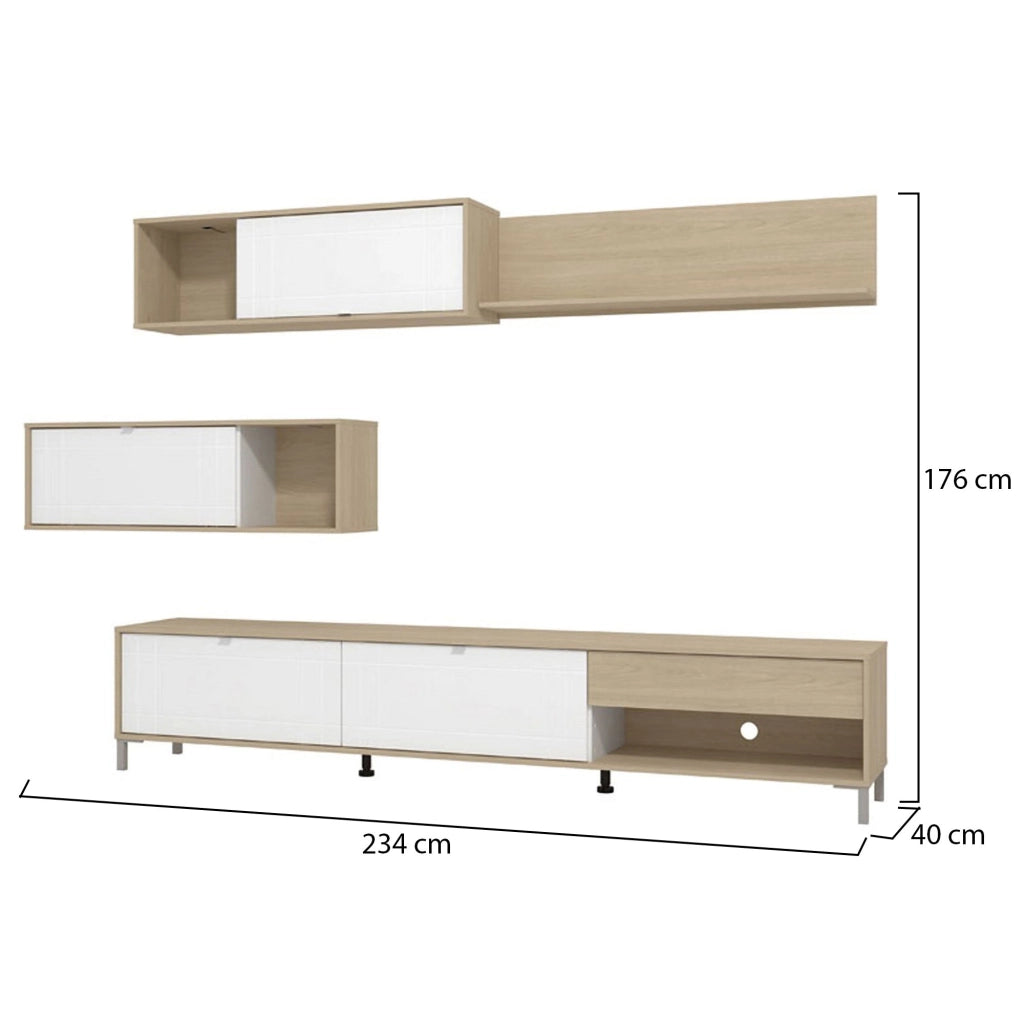 Mobile Soggiorno Elice, Parete Attrezzata 7 Ripiani, 234x40x176h cm Bianco Opaco