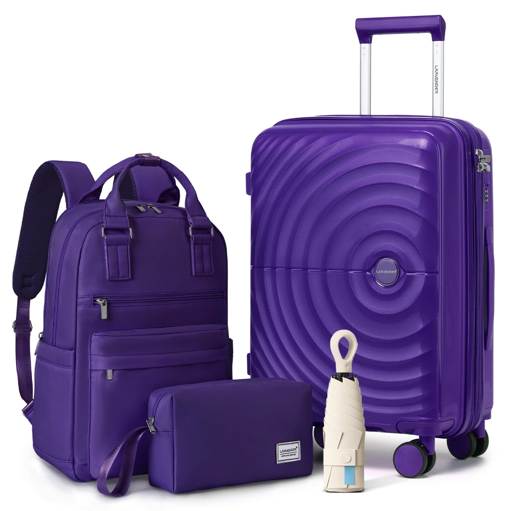 Set di valigie leggere da 3 pezzi, bagaglio a mano espandibile in PP da 20 pollici con ruote, colore viola uva.