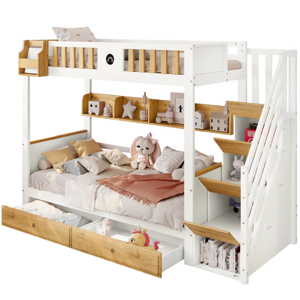 LETTO A CASTELLO con scala contenitore 90x200 cm legno e MDF bianco/naturale