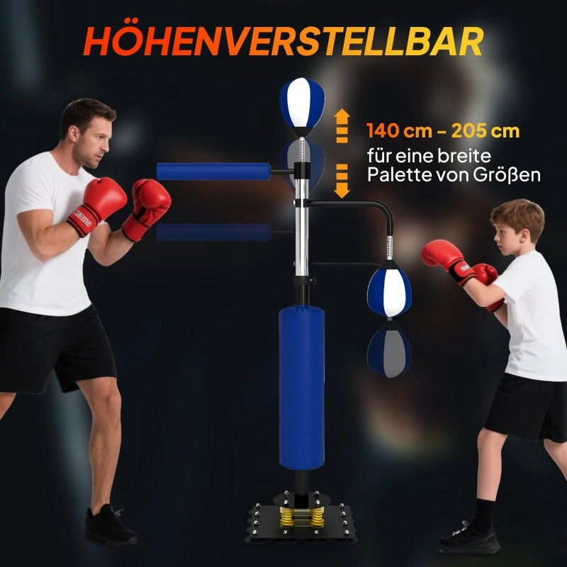 Supporto per boxe, due speedball, barra girevole per boxe, cuscinetti per calci, altezza regolabile, acciaio, 107 x 36 x 140-205 cm, blu