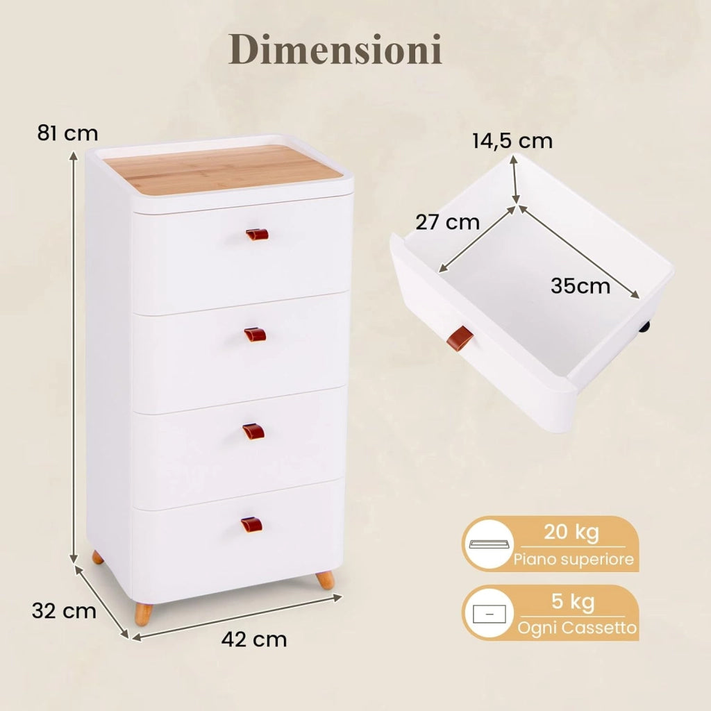 Cassettiera a 4 Cassetti in PP, con Vassoio Rimovibile, Armadio di Stoccaggio Verticale con Gambe in Legno Massello, per Camera da Letto, Soggiorno e Bagno, 42 x 32 x 81 cm