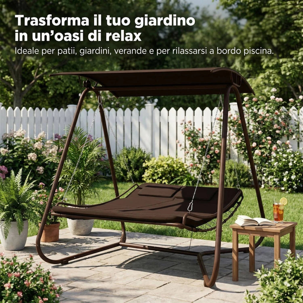 Dondolo Amaca Letto 2 Posti da Giardino con Tetto Parasole Struttura in Acciaio e Seduta Imbottita in Textilene per Terr
