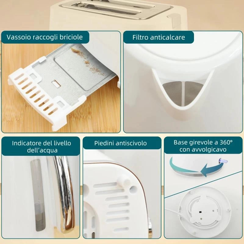 SET BOLLITORE ELETTRICO DA 1.7L 2200W CON TERMOSTATO E TOSTAPANE DOPPIO CON 7 LIVELLI DI DORATURA, BIANCO