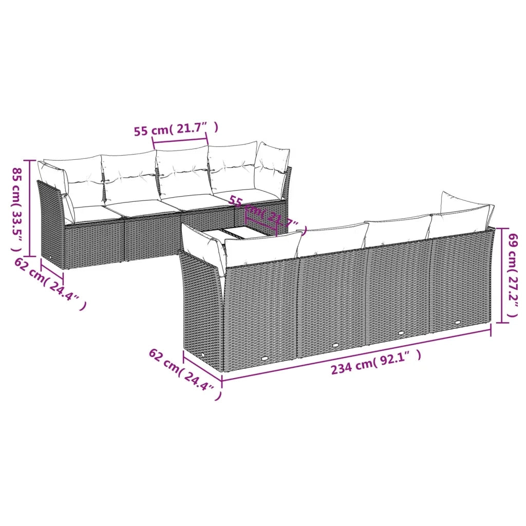 Set Divani da Giardino 9 pz con Cuscini Nero in Polyrattan