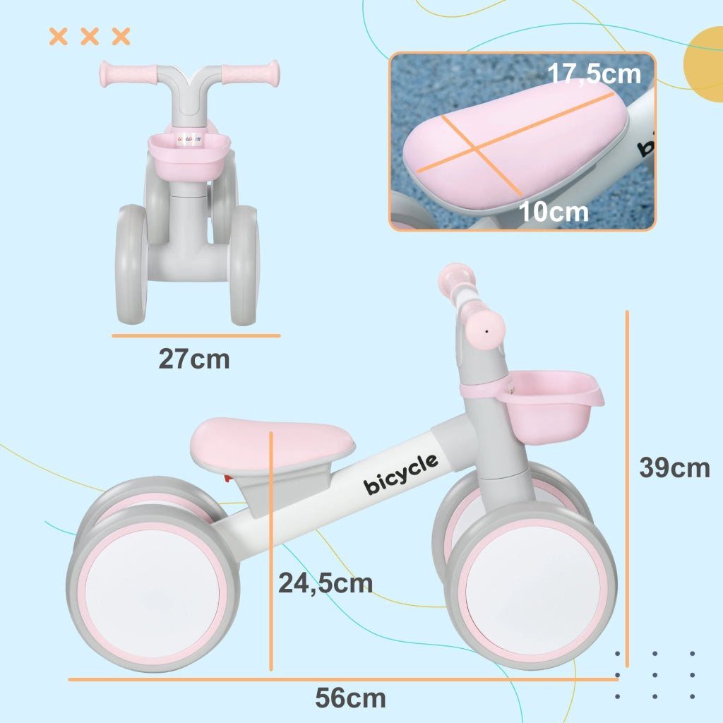Bicicletta Senza Pedali Bambini 4 Ruote ¨C Zephmum ¨C Grigio Bianco Rosa 1-3 Anni